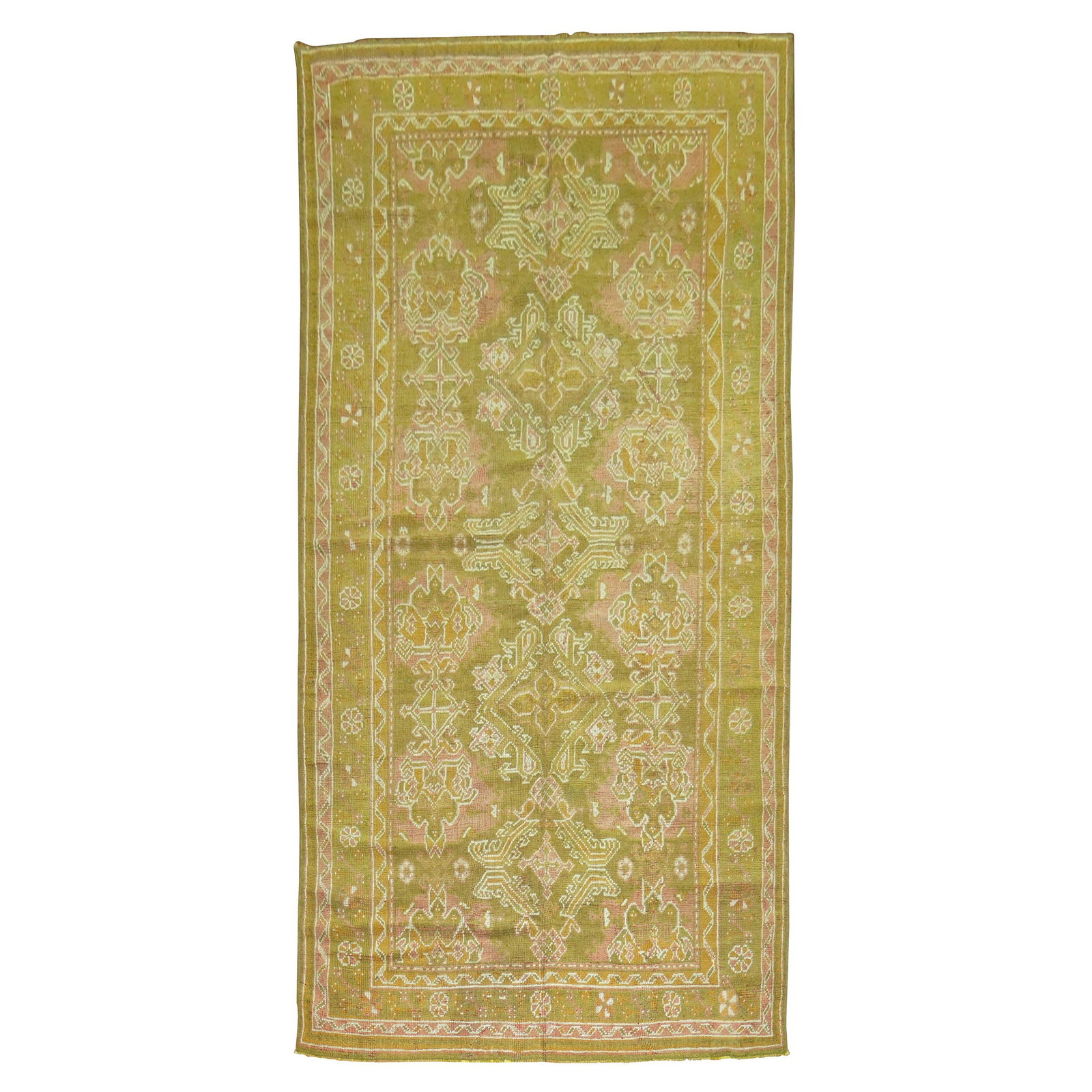 Antique Turkish Oushak Rug Beaux Arts Green Wool 6'3 x 12'6: Antique Turkish Oushak Rug Beaux Arts Green Wool 6'3 x 12'6 Discover the exquisite Zabihi Collection Green Gallery Size Turkish Oushak Rug, a remarkable piece that embodies the rich tradition of Turki