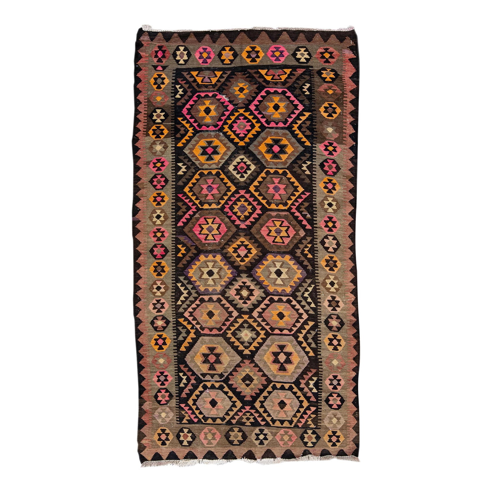 Vintage Handmade Wool Kilim Runner with Tribal Design 3'11 x 7'3: Vintage Handmade Wool Kilim Runner with Tribal Design 3'11 x 7'3 Enhance your space with this exquisite Vintage Kilim Handmade Wool Runner. This flatweave rug showcases a rich brown field adorned with
