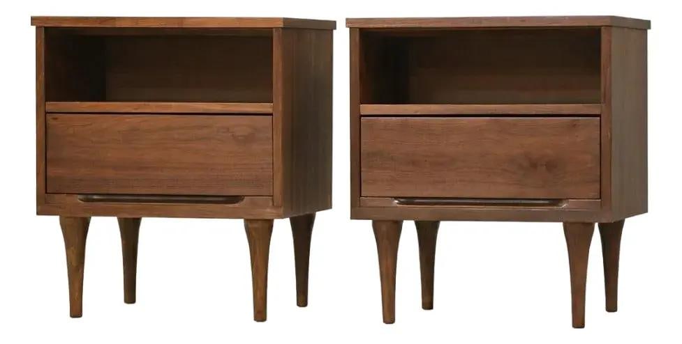 Pair of Mid Century Walnut Nightstands by Stanley Furniture Refinished 1960s: Pair of Mid Century Walnut Nightstands by Stanley Furniture Refinished 1960s This pair of mid-century modern walnut nightstands by Stanley Furniture features a single drawer in each unit and showcases