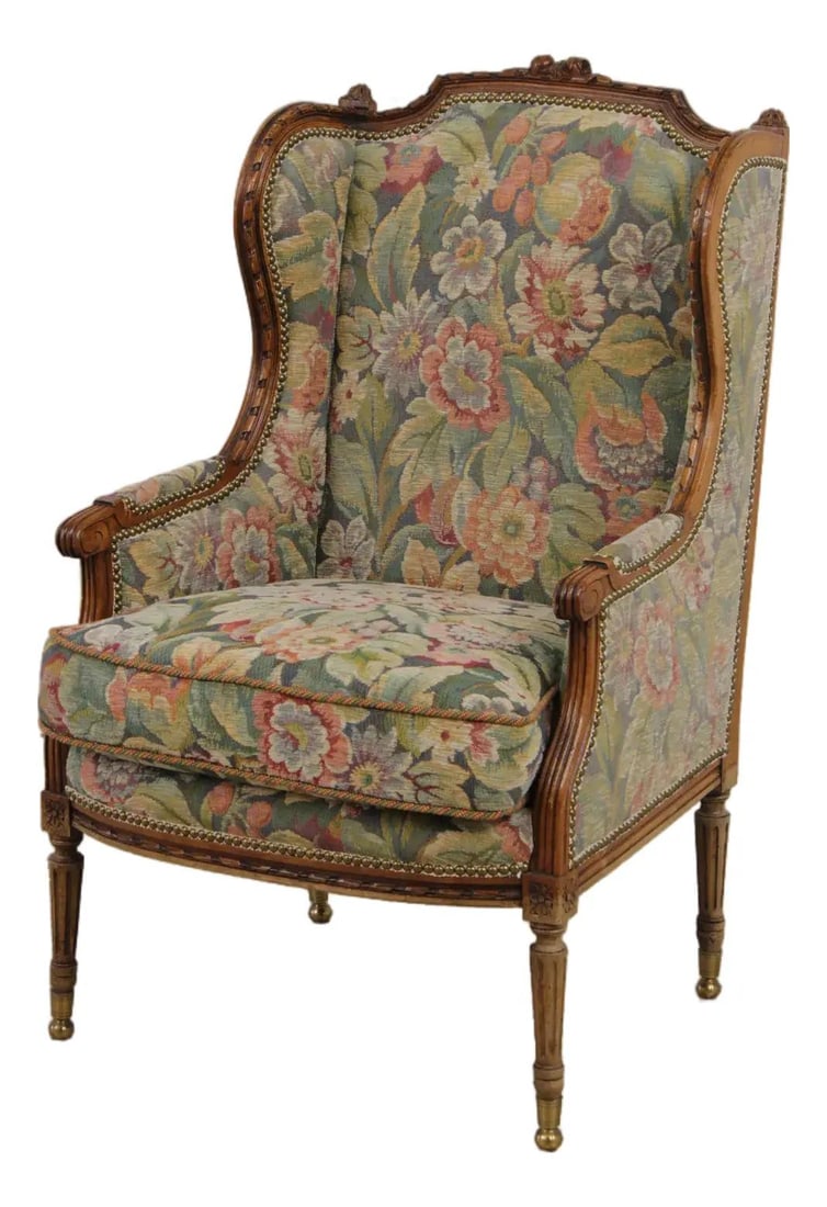 Needlepoint Wing Chair French Style Upholstered Brass Capped Feet (1 of 10)