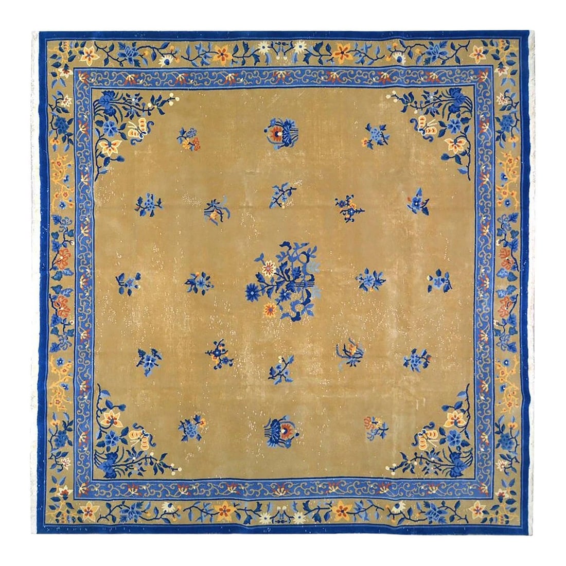 Hand Knotted Wool Chinese Art Deco Rug 10'8" x 11'1" Vintage: Hand Knotted Wool Chinese Art Deco Rug 10'8" x 11'1" Vintage This vintage Chinese Art Deco rug is hand-knotted from wool using traditional techniques, offering a blend of timeless craftsmanship and mo