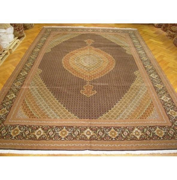 Handcrafted Persian Tabriz 11.6 x 16.8 Wool Silk Area Rug Mahi Design: Handcrafted Persian Tabriz 11.6 x 16.8 Wool Silk Area Rug Mahi Design Free continental US Shipping Experience the luxurious beauty of this Persian Tabriz rug, handcrafted in Iran with a stunning Mahi 
