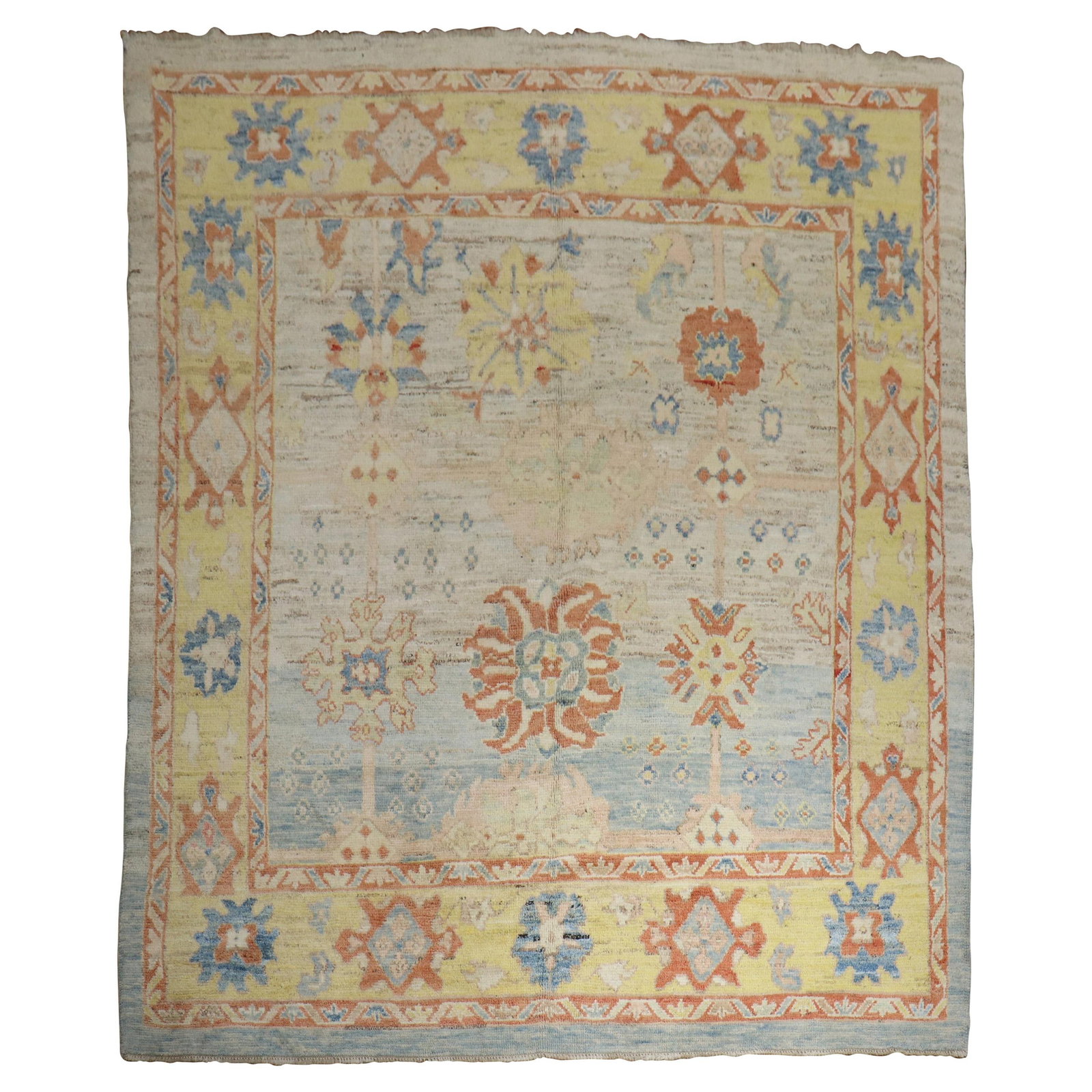 Zabihi Collection Unique Turkish Oushak Rug 99 x 113 Hand-Woven Wool: Zabihi Collection Unique Turkish Oushak Rug 99 x 113 Hand-Woven Wool Discover the beauty of this stunning Turkish Oushak rug from the Zabihi Collection. Hand-woven from 100% hand-spun, vegetable-dyed 