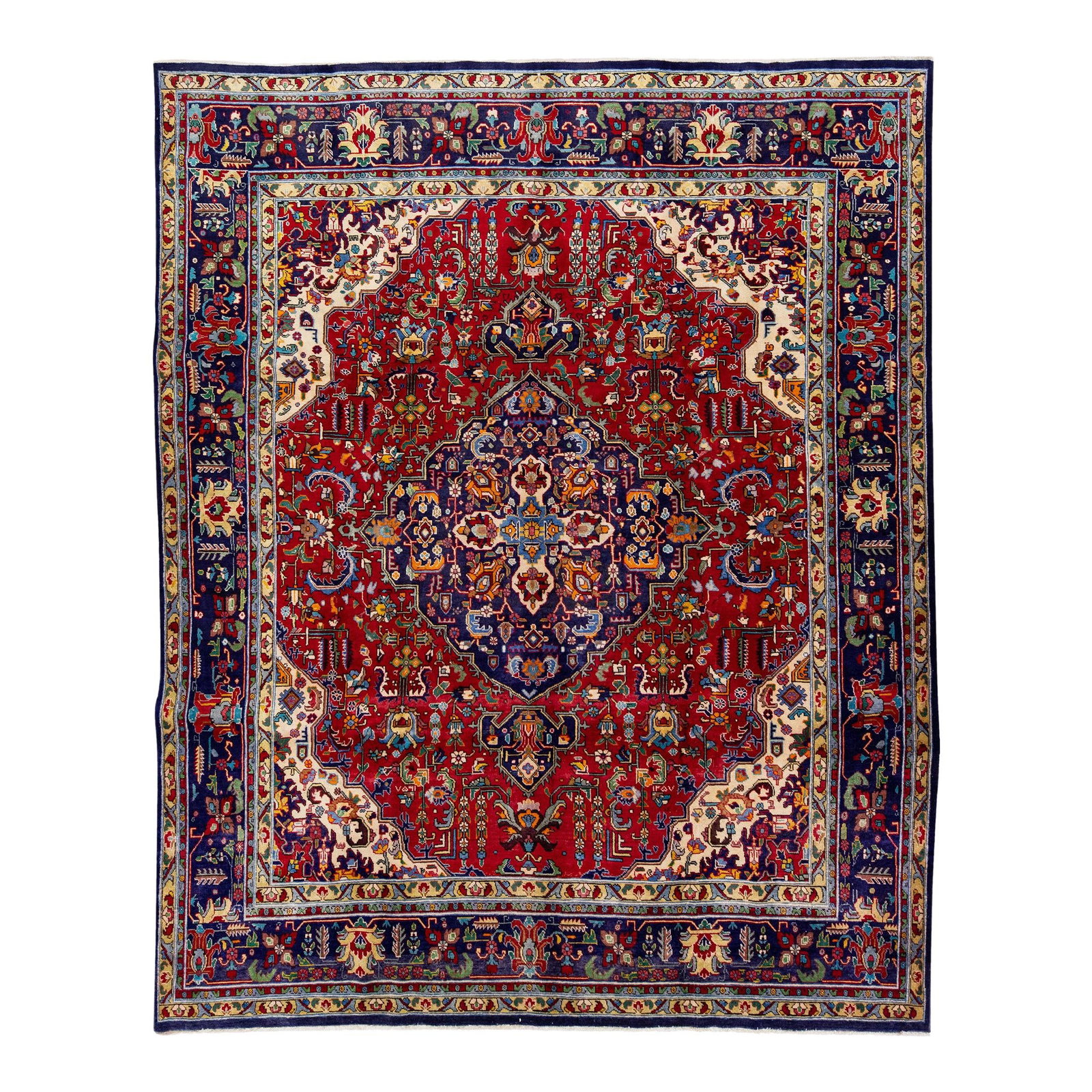 Vintage Persian Tabriz Hand-Knotted Wool Rug 9'8 x 12'1 Multicolor Medallion: Vintage Persian Tabriz Hand-Knotted Wool Rug 9'8 x 12'1 Multicolor Medallion Enhance your space with this exquisite handmade antique Persian Tabriz wool rug. Featuring a striking red color field, this