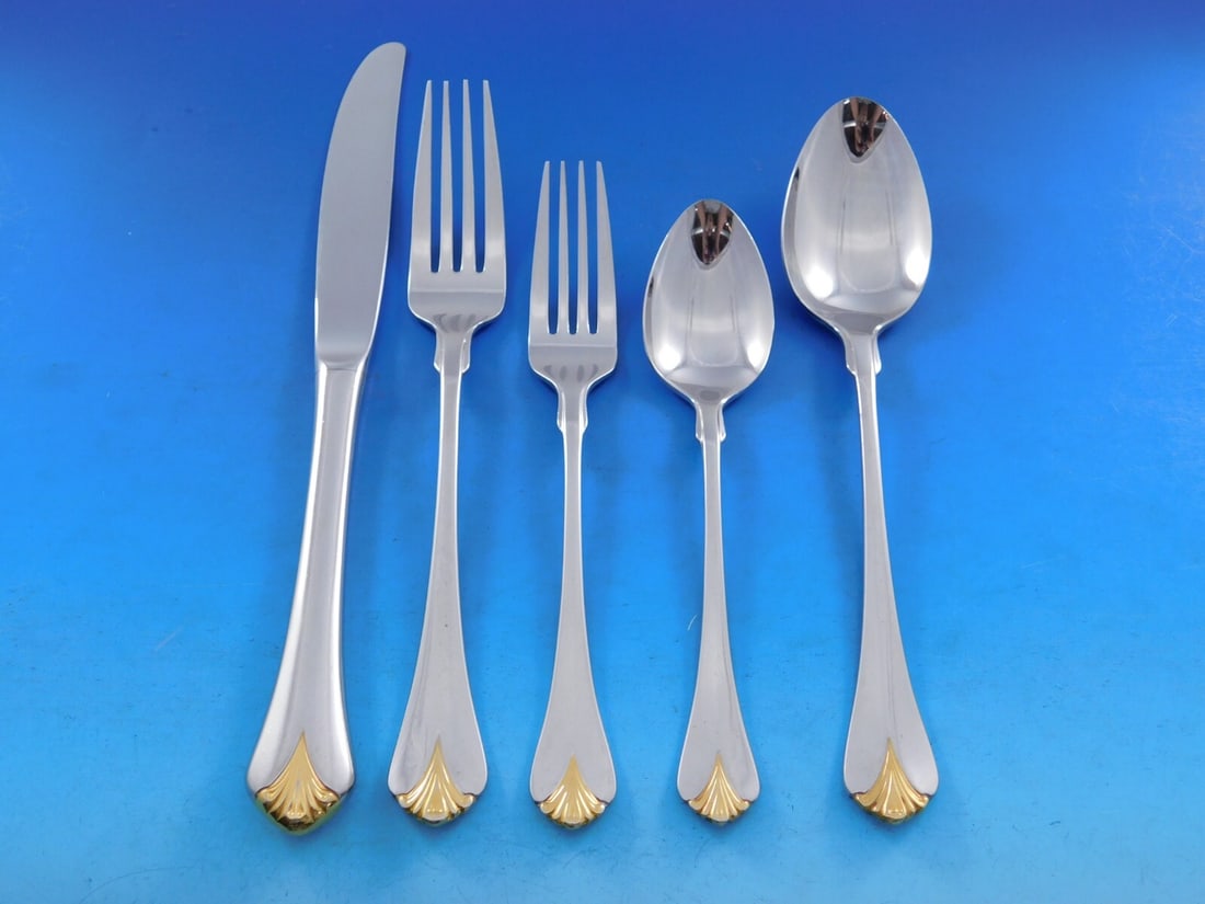 Yamazaki Cara Gold Accent Stainless Steel Flatware Set 61 Pieces with Caddy: Yamazaki Cara Gold Accent Stainless Steel Flatware Set 61 Pieces with Caddy Enhance your dining experience with the Cara by Yamazaki Stainless Steel Flatware Service Set, featuring elegant gold accent
