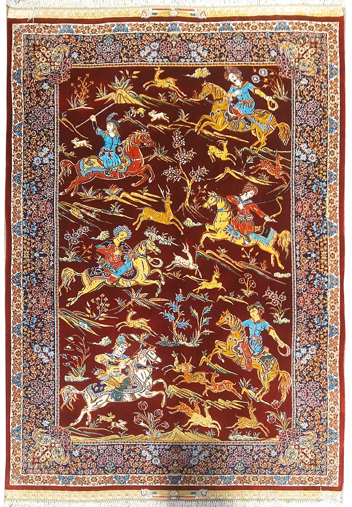 Luxurious 2.6 x 4 Handmade Hunting Silk Rug in Vibrant Colors: Luxurious 2.6 x 4 Handmade Hunting Silk Rug in Vibrant Colors Free continental US Shipping Introducing the 2.6 x 4 Hunting Silk Rug, a luxurious handwoven piece that showcases the elegance of Persian 