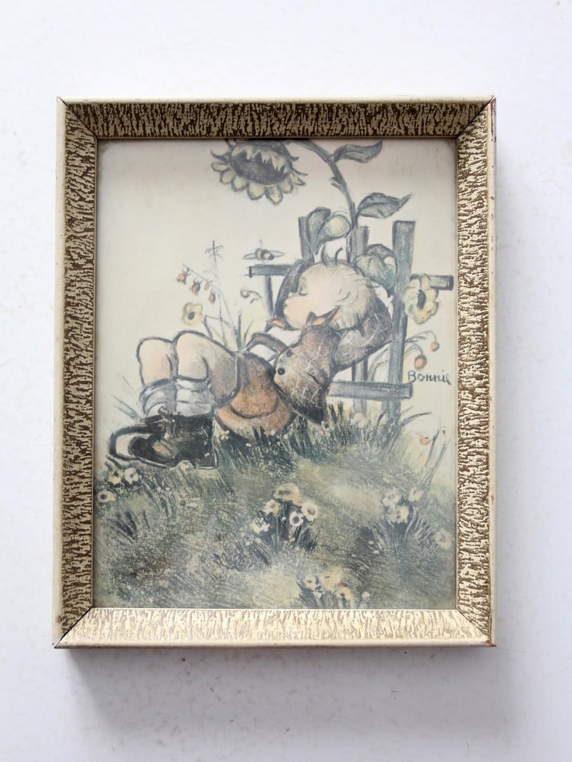 Framed 1960s Print Featuring Bonnie Hummel Artwork of Resting Child (1 of 9)