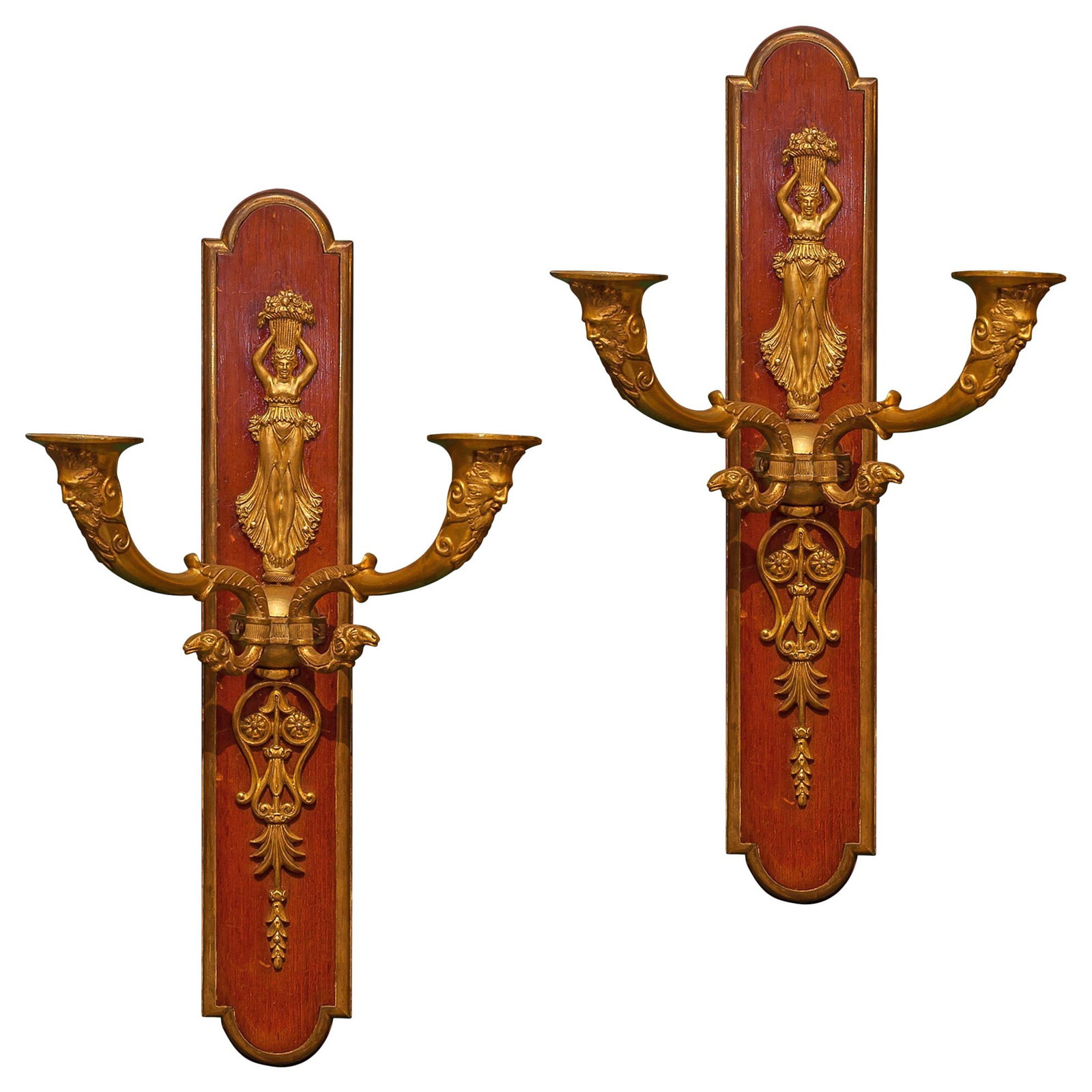 Set of 2 French Empire wall sconces gilt bronze and mahogany (1 of 4)