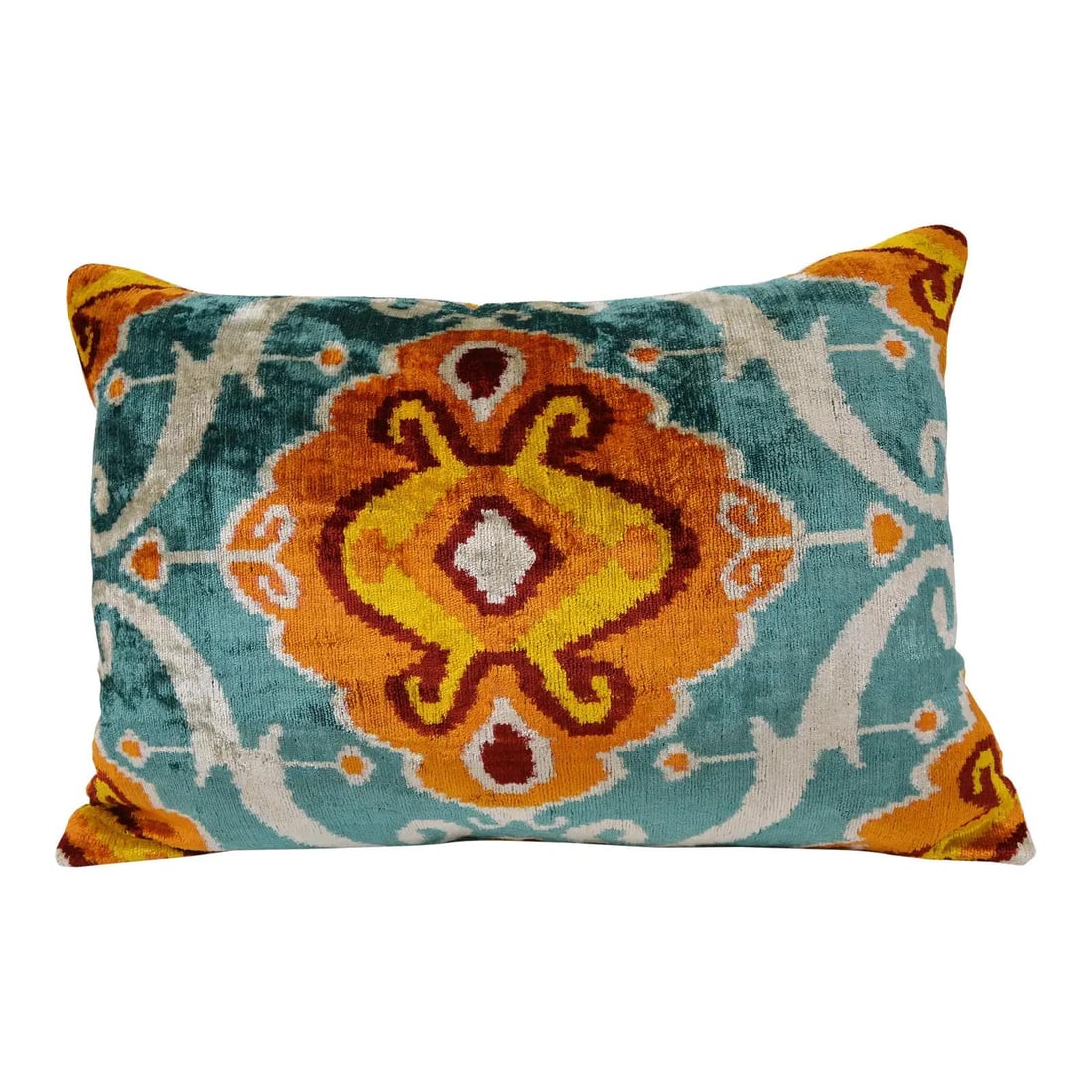 Orange Silk Ikat Velvet Pillow with Linen Backing: Orange Silk Ikat Velvet Pillow with Linen Backing This hand-made pillow cushion features a vibrant orange silk Uzbek Ikat velvet front, complemented by a natural linen backing and a hidden zipper for 