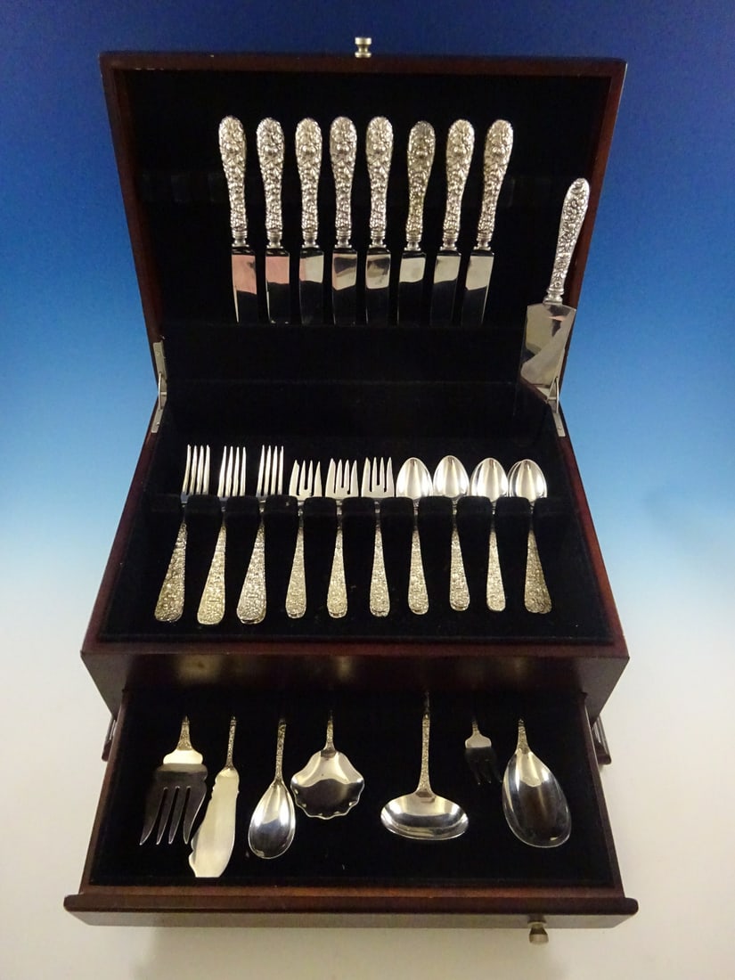 Stieff Rose Sterling Silver Flatware Set for 8 40 Pieces Repousse with Storage Chest: Stieff Rose Sterling Silver Flatware Set for 8 40 Pieces Repousse with Storage Chest Enhance your dining experience with the exquisite Rose by Stieff Sterling Silver Flatware Set. This elegant 40-piec