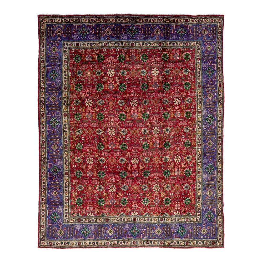 Vintage 1960s Persian Tabriz Handmade Wool Rug Red Purple 10'2 x 12'10: Vintage 1960s Persian Tabriz Handmade Wool Rug Red Purple 10'2 x 12'10 This exquisite vintage Persian Tabriz wool rug from the 1960s features a stunning handmade design with a vibrant red field and a 