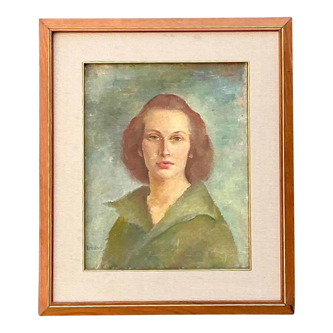 1952 framed oil portrait on board with wood frame: 1952 framed oil portrait on board with wood frame This original oil portrait on board, dated 1952, captures the essence of mid-century figurative art. The painting features a poised woman with auburn 