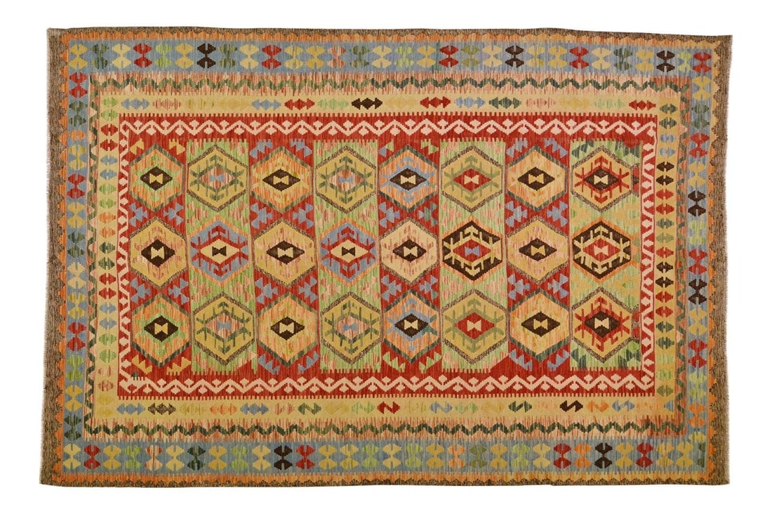 6'6 x 9'9 Afghan Maimana Kilim Geometric Pattern Organic Wool Rug: 6'6 x 9'9 Afghan Maimana Kilim Geometric Pattern Organic Wool Rug This vintage Afghan Maimana kilim is handwoven using organic wool and features natural colors with a geometric pattern. The rug showca