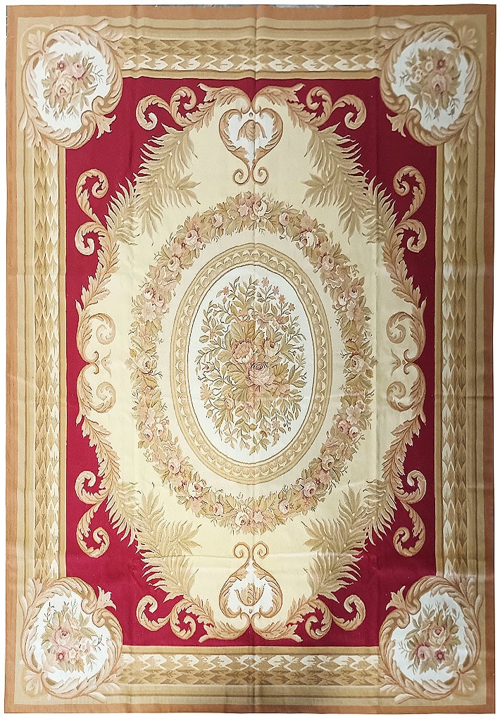8.1 x 10.1 Aubusson Flat Weave Rug Burgundy Gold Ivory Handmade: 8.1 x 10.1 Aubusson Flat Weave Rug Burgundy Gold Ivory Handmade Free continental US Shipping Introducing the luxurious 8.1 x 10.1 Aubusson flat weave rug, elegantly crafted in a rich burgundy, gold, a