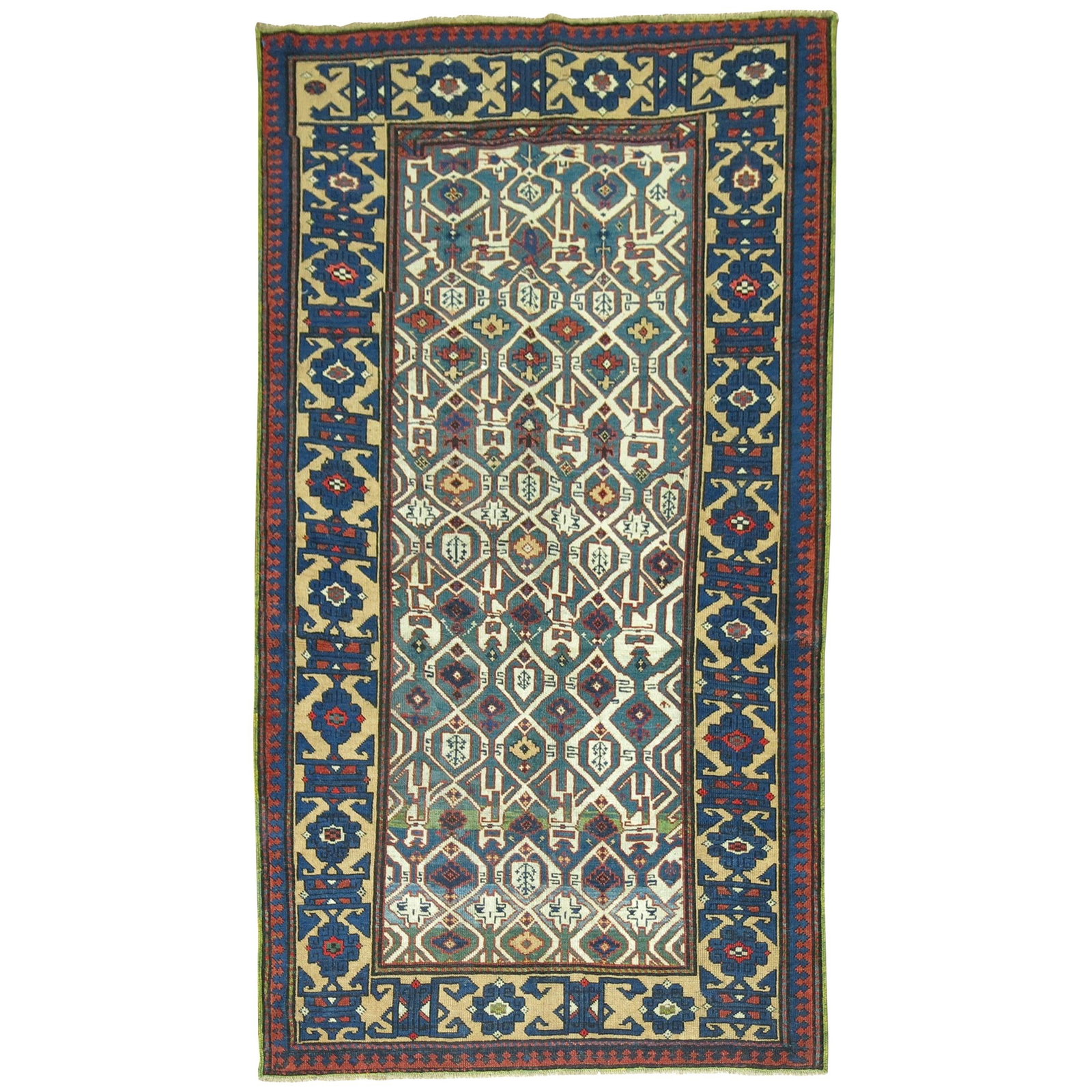 Mid-Century Modern Hand-Woven Caucasian Kuba Rug 43 x 73: Mid-Century Modern Hand-Woven Caucasian Kuba Rug 43 x 73 This exquisite Tribal Navy Dark Green Caucasian Kuba Rug showcases a striking geometric design in shades of green and blue. Expertly hand-woven