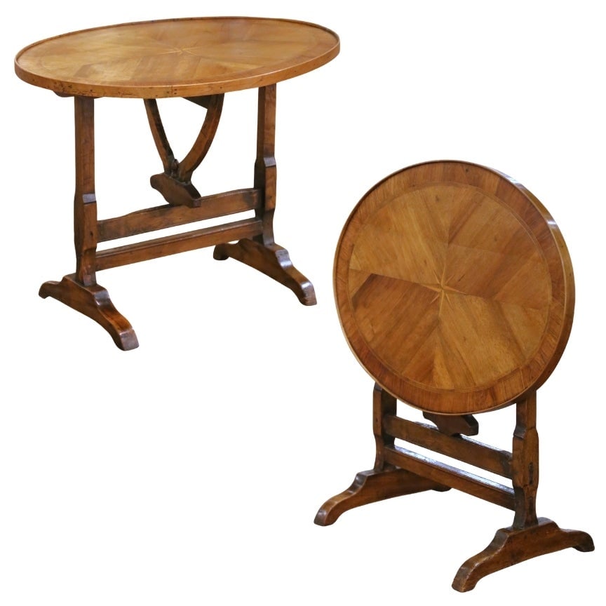 French Walnut Parquetry Tilt-Top Table with Inlaid Compass Star circa 1880: French Walnut Parquetry Tilt-Top Table with Inlaid Compass Star circa 1880 This elegant late 19th-century French wine tasting table features richly patinated walnut with intricate radial parquetry and