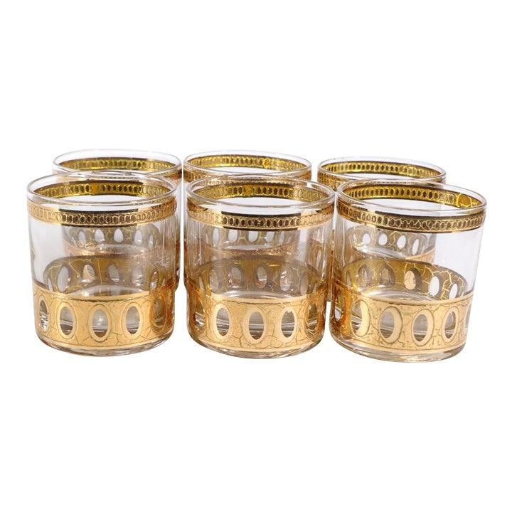 Six Culver Antigua Pattern Gold Embellished Mid Century Old Fashioned Glasses: Six Culver Antigua Pattern Gold Embellished Mid Century Old Fashioned Glasses This set includes six Culver Antigua pattern Old Fashioned glasses from the 1960s, featuring Hollywood Regency and Mid Cen