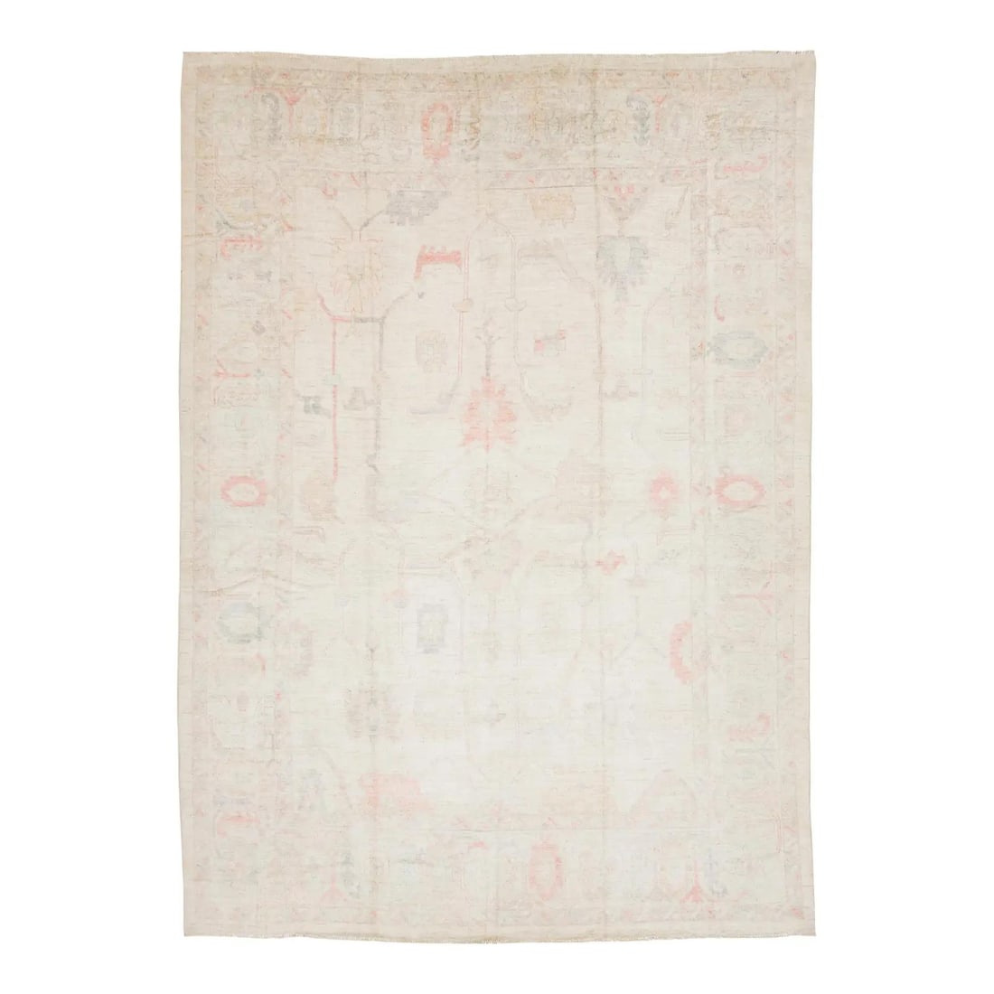 Hand Knotted Wool Oushak Style Rug 9'10 x 13'8: Hand Knotted Wool Oushak Style Rug 9'10 x 13'8 This hand-knotted Modern Oushak Style wool rug features a refined palette of ivory and oatmeal, accented with hints of coral, sage, and slate blue. Drawi