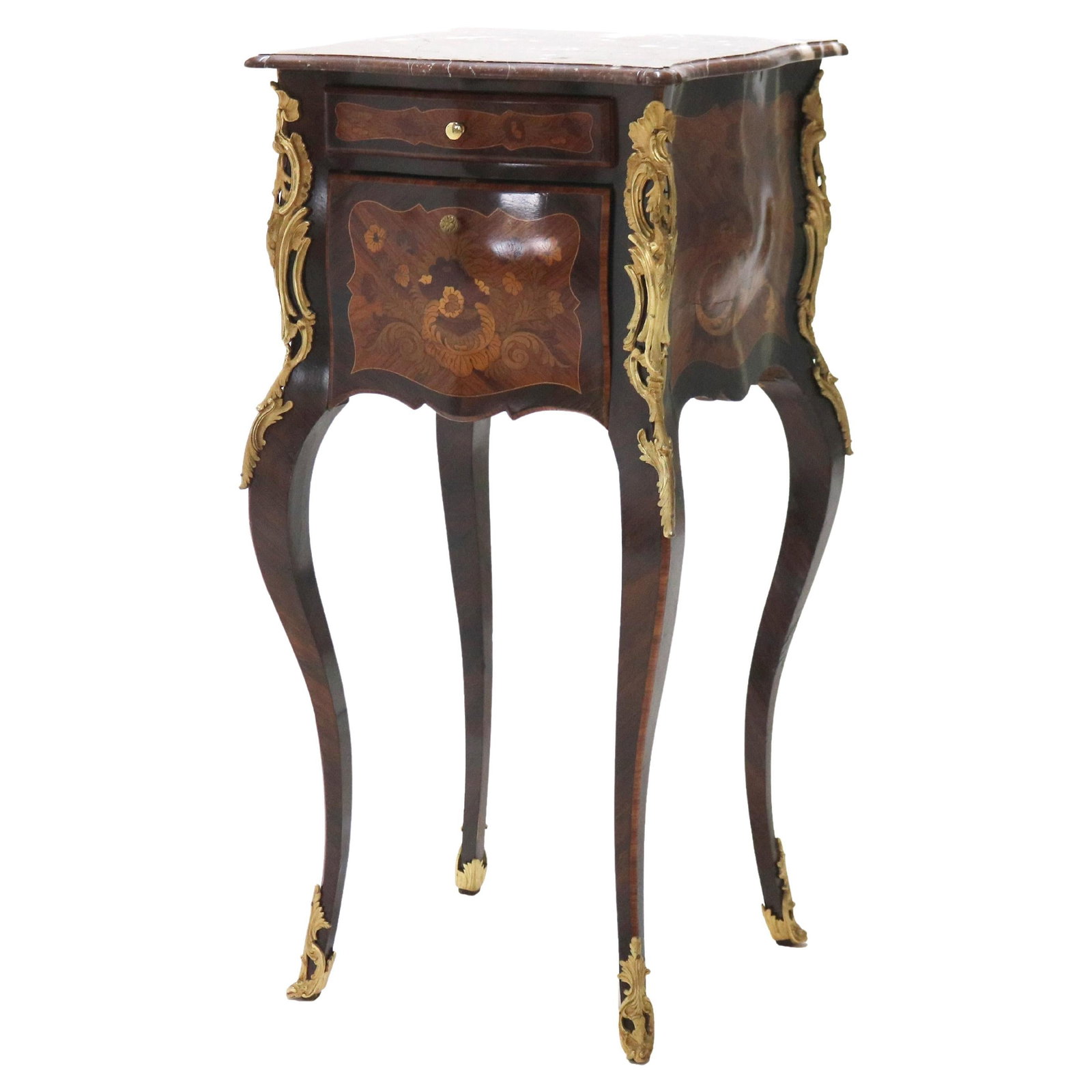 French Louis XIV Rosewood Kingwood Ormolu Marble Side Table 20th Century: French Louis XIV Rosewood Kingwood Ormolu Marble Side Table 20th Century This exquisite French Louis XIV side table is a stunning piece of craftsmanship from the 20th century, featuring a beautiful ro