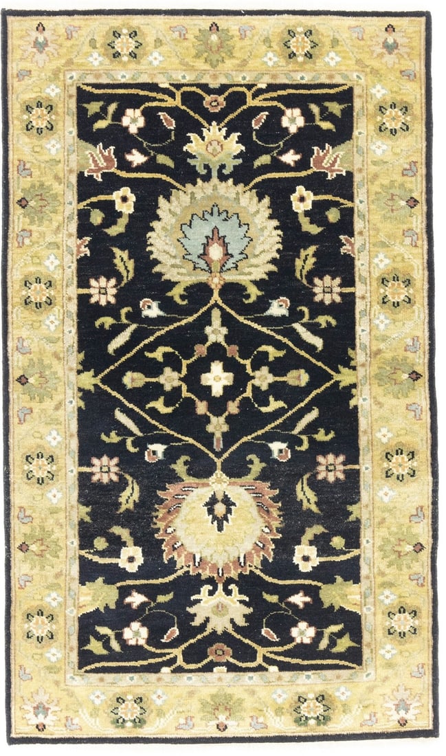 Hand-Knotted Wool Floral Area Rug 3x5 Modern Peshawar Style: Hand-Knotted Wool Floral Area Rug 3x5 Modern Peshawar Style This handmade Osh Chobi Peshawar rug features a floral pattern in a variety of colors including black, gold, cream, rusty red, tan, blue-gra