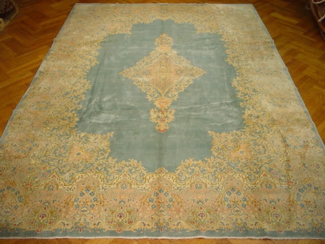 Persian Kerman Rug 9'3 x 13'6 Handcrafted Silk-Like Pile Light Blue: Persian Kerman Rug 9'3 x 13'6 Handcrafted Silk-Like Pile Light Blue Free continental US Shipping Discover the beauty of this handcrafted Persian Kerman rug, measuring 9' 3" x 13' 6". Created by skille