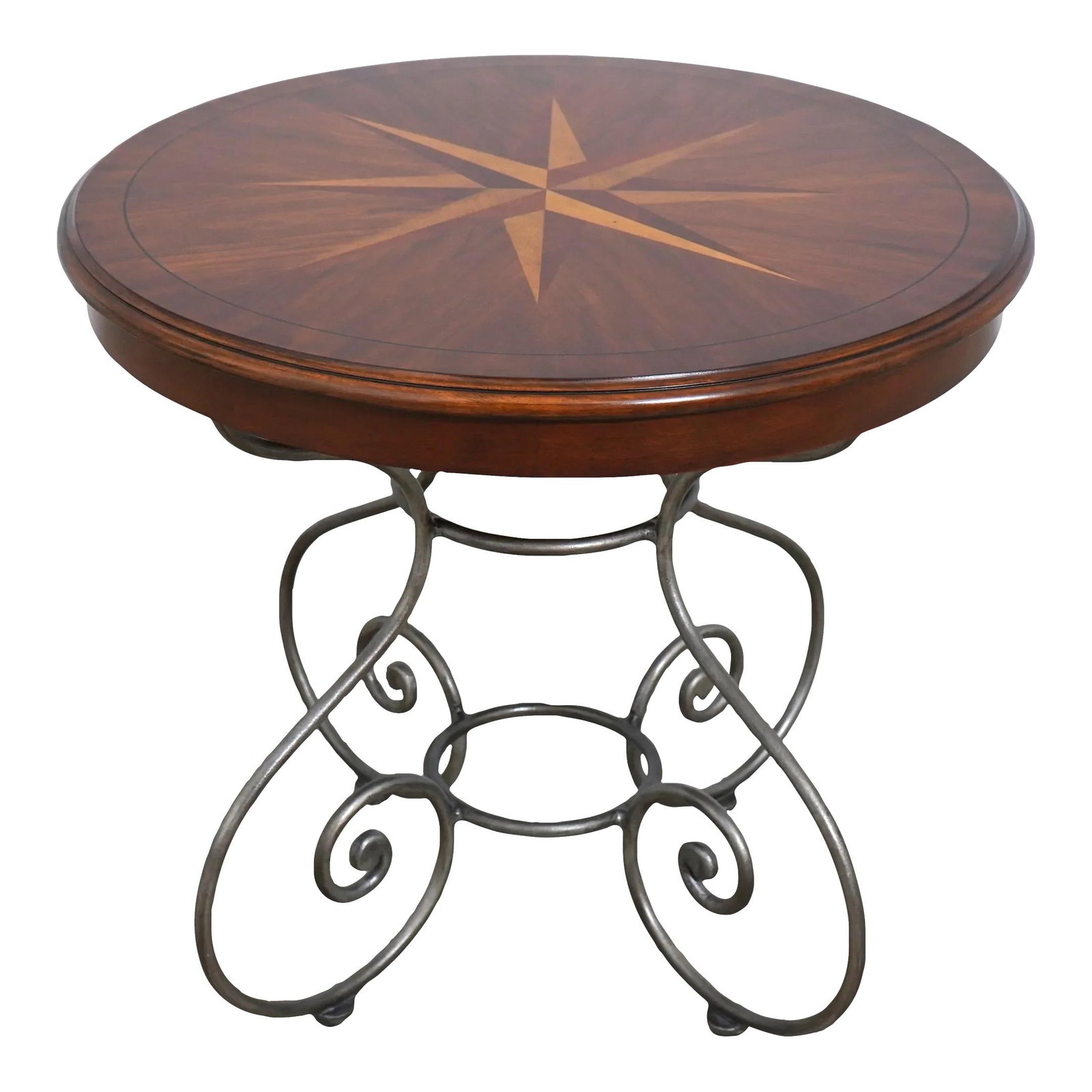 Ethan Allen Round Country French Lamp Table with Inlay Work: Ethan Allen Round Country French Lamp Table with Inlay Work This Ethan Allen Round Country French Lamp Table showcases exquisite inlay work and a sturdy iron base, embodying the charm of Country Frenc