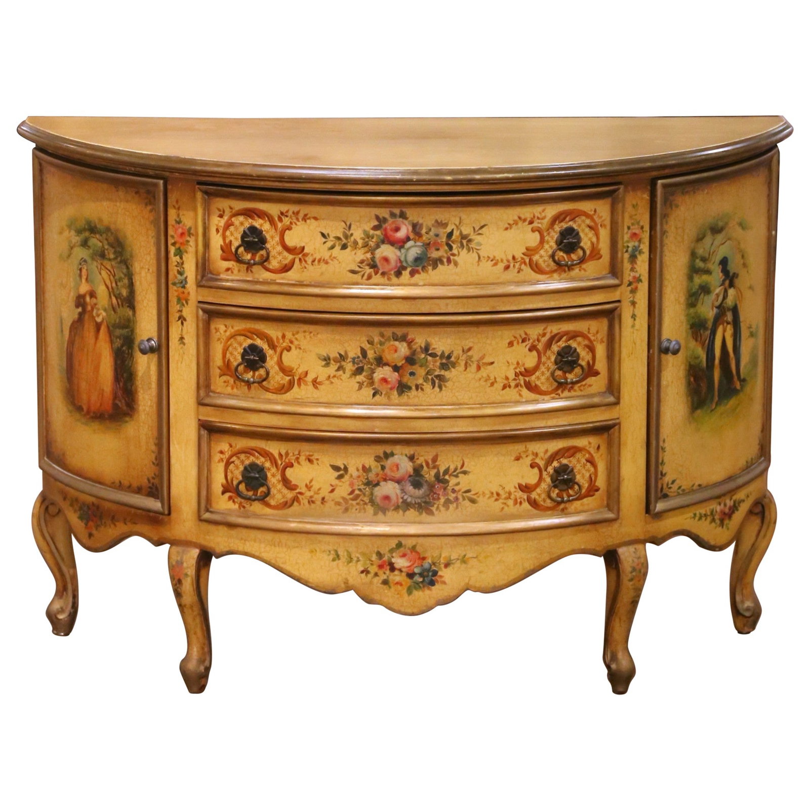Italian Rococo Revival Hand-Painted Bombe Commode with Floral and Figural Scenes (1 of 14)