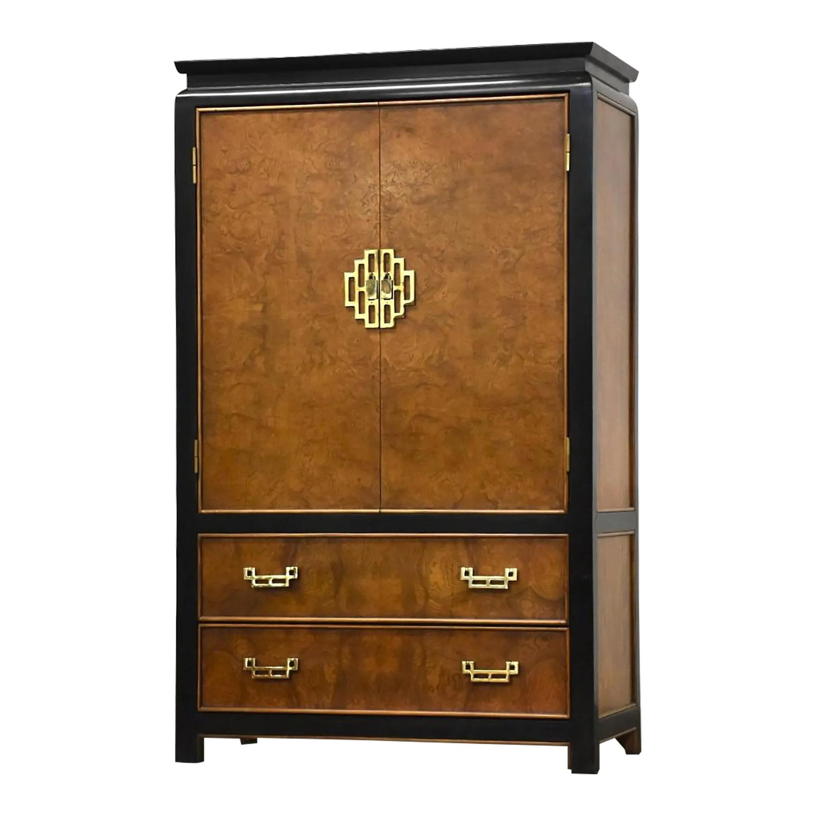 1970s Chin Hua Armoire by Raymond Sobota Burl Black Ebonized Brass: 1970s Chin Hua Armoire by Raymond Sobota Burl Black Ebonized Brass This exquisite 1970s Chin Hua Dresser Armoire, designed by Raymond Sobota, showcases a unique blend of Japanese style with a burl and