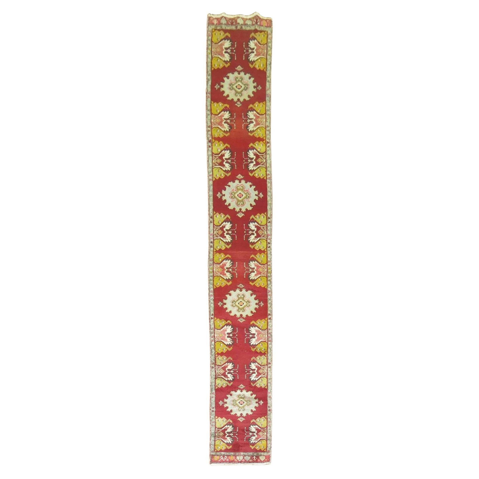 Zabihi Collection Vintage Turkish Runner Wool Hand-Knotted Oushak 18 x 123 in: Zabihi Collection Vintage Turkish Runner Wool Hand-Knotted Oushak 18 x 123 in This exquisite narrow vintage Turkish runner features a striking bright cherry red color, showcasing the classic Oushak st