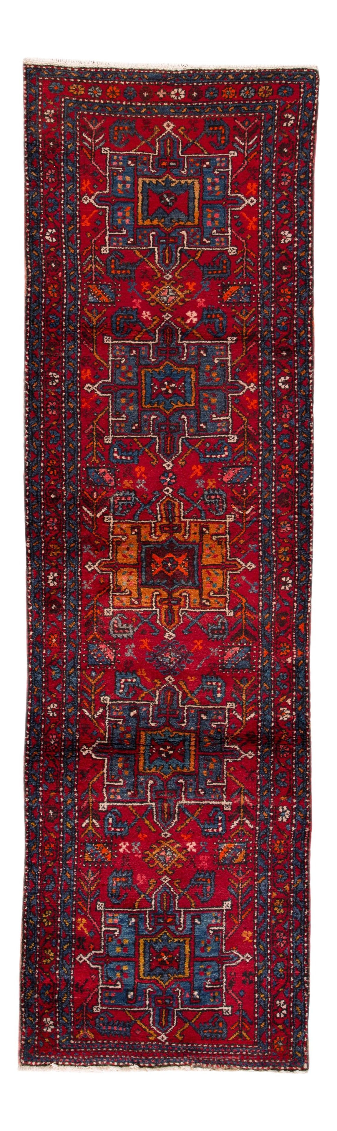 Vintage Persian Heriz Wool Runner Red Geometric Design 3'2 x 10'11: Vintage Persian Heriz Wool Runner Red Geometric Design 3'2 x 10'11 This beautiful vintage Persian Heriz handmade wool runner features a striking red field adorned with multi-color accents in an allove