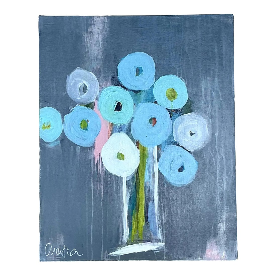 20 x 16 Inch Boho Abstract Floral Oil Artwork on Board: 20 x 16 Inch Boho Abstract Floral Oil Artwork on Board This vintage Boho abstract floral oil painting on board features circular blooms in shades of blue, turquoise, and white, set against a textured 