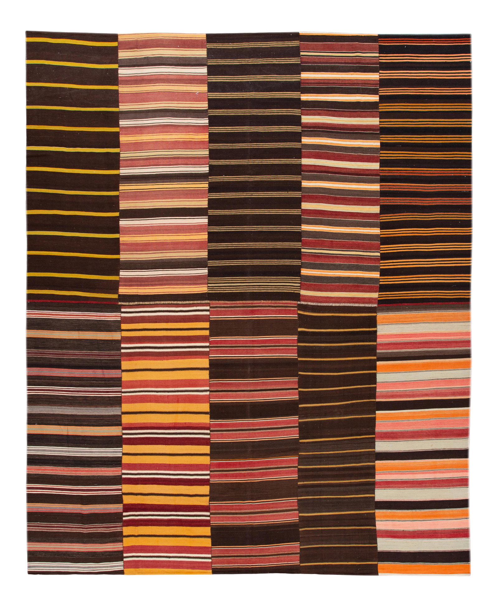 Vintage Mid-Century Kilim Handmade Wool Rug 12'5 x 15 Abstract Stripes: Vintage Mid-Century Kilim Handmade Wool Rug 12'5 x 15 Abstract Stripes Enhance your space with this stunning Mid-Century Kilim Handmade Striped Wool Rug. This vintage flat-weave rug showcases a vibran