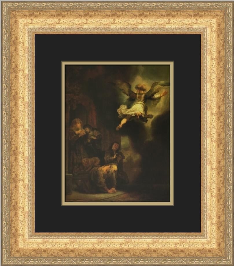 Rembrandt The Archangel leaving the Family of Tobias Custom Framed Print 1982: Rembrandt The Archangel leaving the Family of Tobias Custom Framed Print 1982 This exquisite print features Rembrandt van Rijn's renowned artwork, "The Archangel leaving the Family of Tobias." Measuri