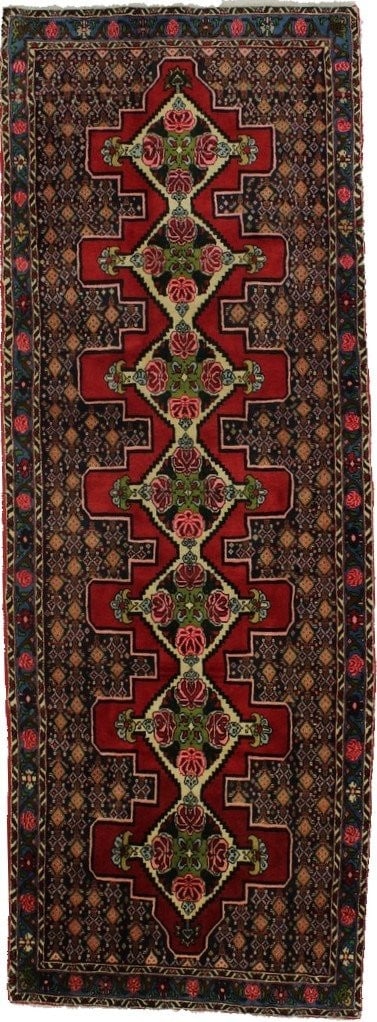 Hand Knotted Wool Floral Runner Rug 3'2 x 8'11: Hand Knotted Wool Floral Runner Rug 3'2 x 8'11 This vintage hand-knotted oriental runner rug features a striking floral design in shades of red, cream, navy blue, light blue, apple green, and pink. Cr