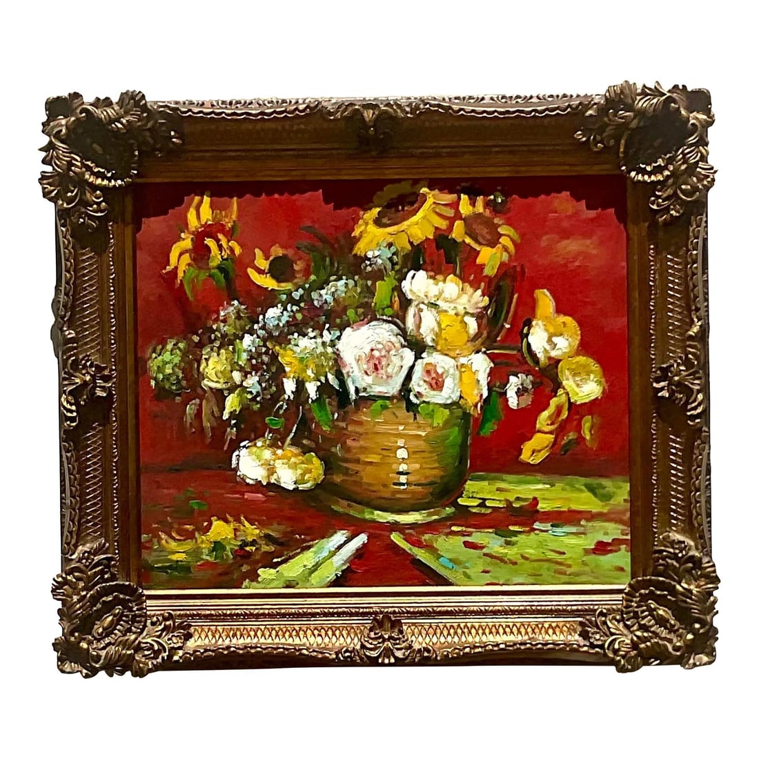 Vintage Regency Signed Floral Oil Painting on Canvas 31.5x27.5: Vintage Regency Signed Floral Oil Painting on Canvas 31.5x27.5 Experience the elegance of this vintage Regency original oil painting, featuring a chic floral composition rendered in a rich painterly s