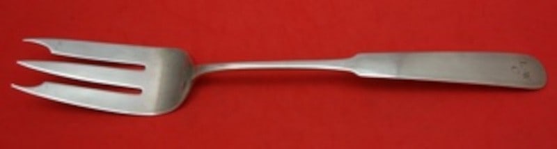 Old Newbury Crafters Panel Antique Sterling Silver Serving Fork 12 1/2: Old Newbury Crafters Panel Antique Sterling Silver Serving Fork 12 1/2 Sterling silver stuffing fork in the Panel Antique pattern by Old Newbury Crafters ONC. The piece includes a button, is not monog