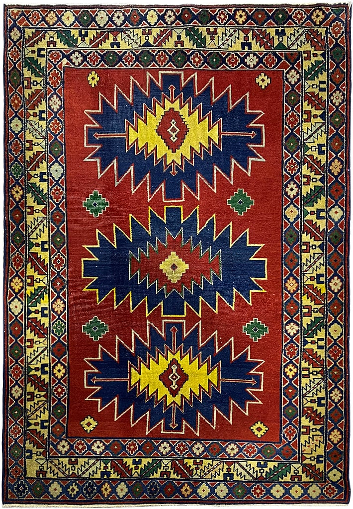 3'6 x 5' Red Semi Antique Russian Kazak Rug Handwoven Wool: 3'6 x 5' Red Semi Antique Russian Kazak Rug Handwoven Wool Free continental US Shipping Discover timeless elegance with this stunning 3' 6" x 5' Red Semi Antique Russian Kazak Rug, a captivating maste