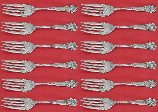 Towle Georgian Sterling Silver Salad Fork Set 12 Pieces 6 1/4": Towle Georgian Sterling Silver Salad Fork Set 12 Pieces 6 1/4" This exquisite 12-piece salad fork set from Towle features the elegant Georgian pattern, renowned for its classic design. Each fork measu