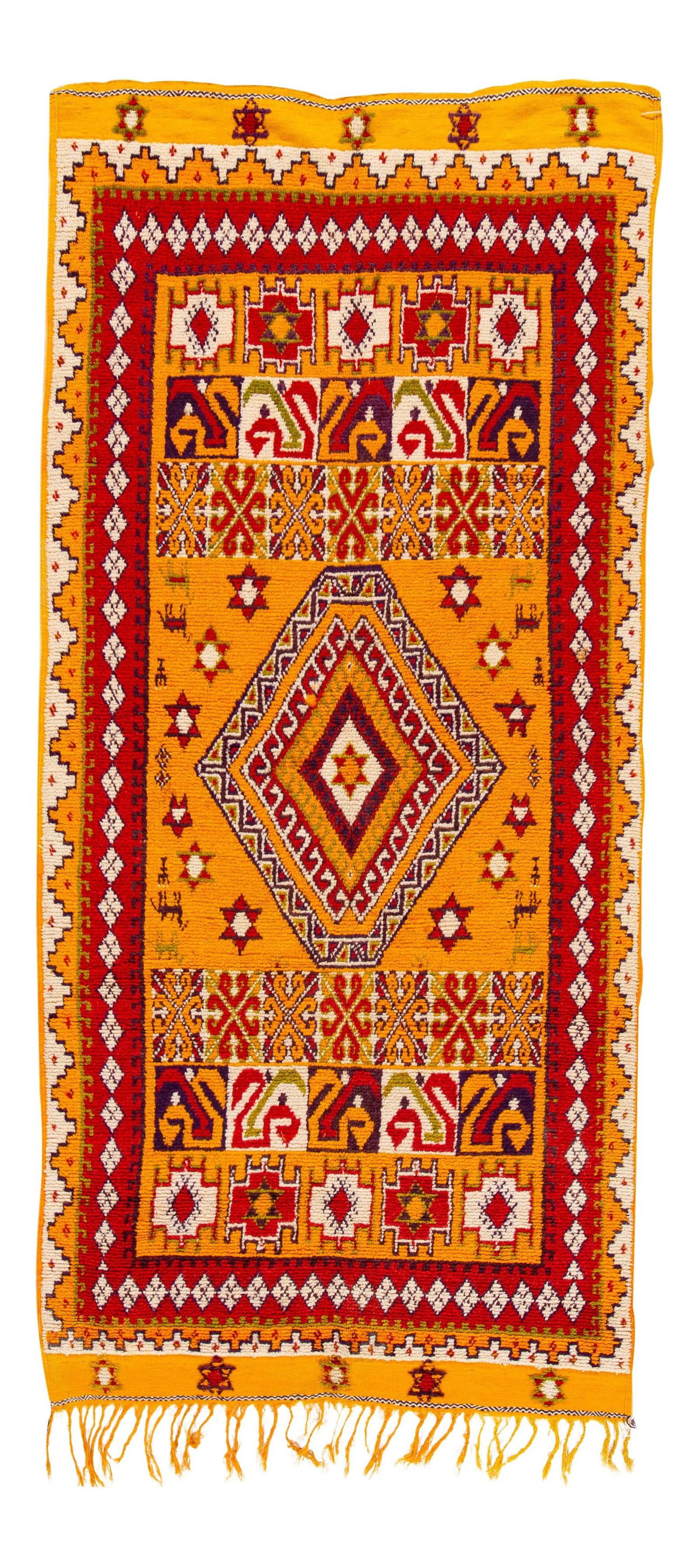 Vintage Moroccan Wool Rug Hand-Knotted Tribal Design 4'10 x 10'8: Vintage Moroccan Wool Rug Hand-Knotted Tribal Design 4'10 x 10'8 This stunning vintage Moroccan Tribal rug features a hand-knotted wool construction, showcasing a vibrant orange field adorned with red