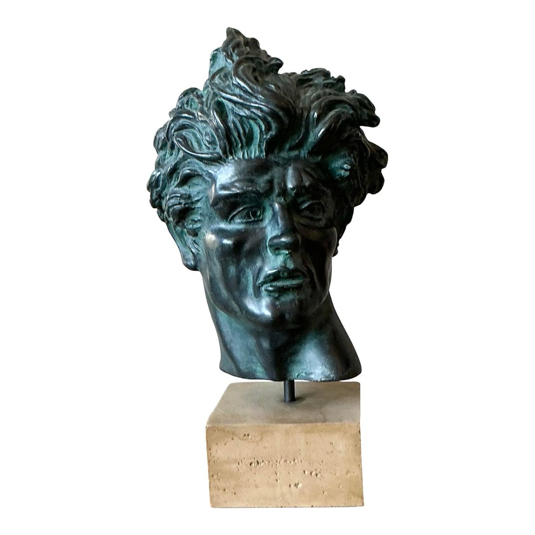 Patinated Bronze Style Bust Sculpture on Stone Base 13 Inch Tall: Patinated Bronze Style Bust Sculpture on Stone Base 13 Inch Tall This vintage bust sculpture features a classical heroic male figure with expressive, wind-swept hair and a furrowed brow, rendered in a