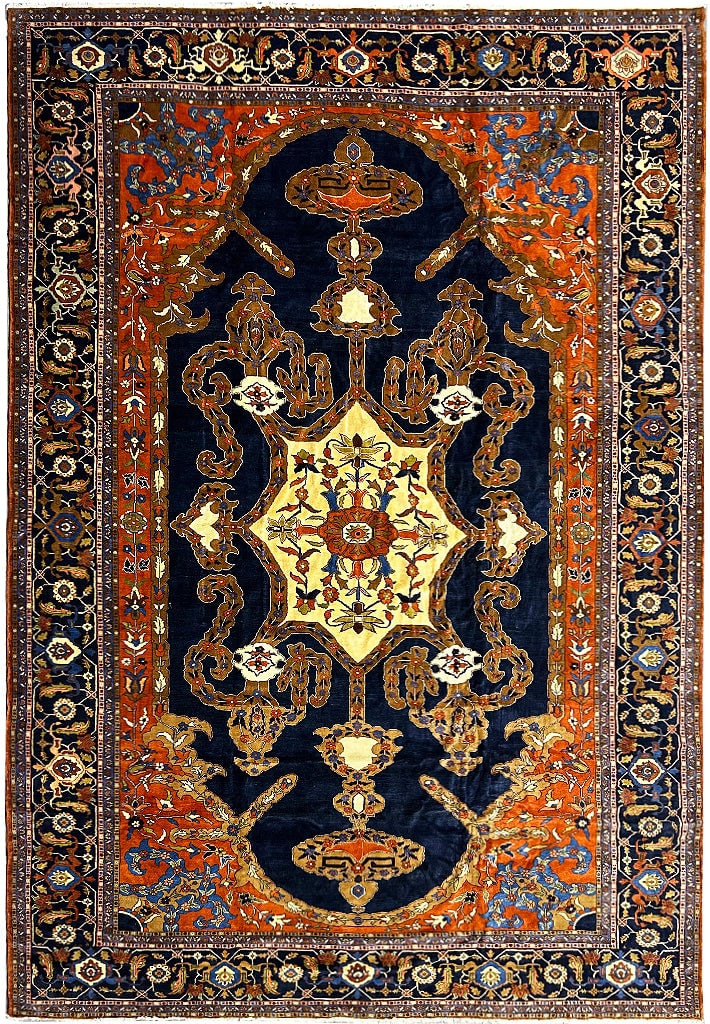 Persian Heriz Hand-Knotted Wool Silk Rug 14 x 19 Dark Blue Multi-Color (1 of 16)