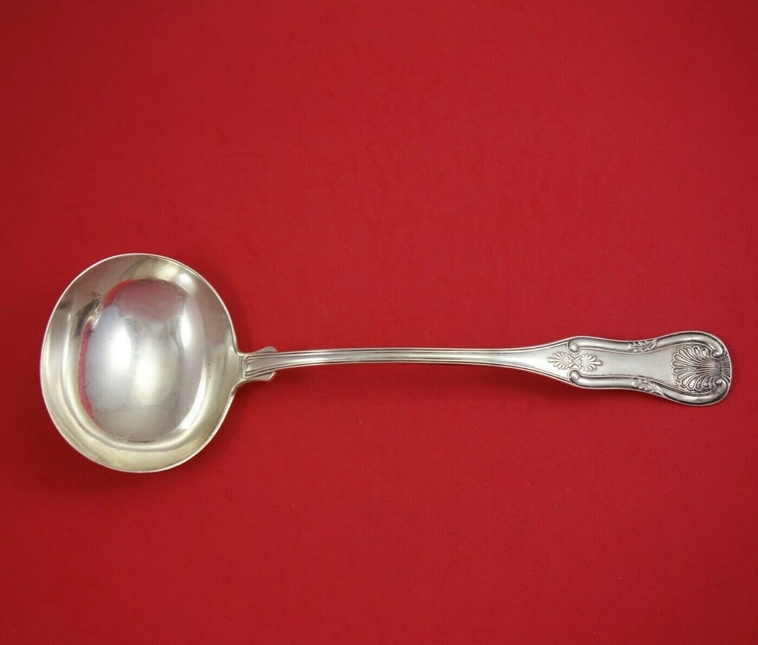 Jones Low & Ball Kings Coin Silver Ladle 11 3/4" Monogrammed: Jones Low & Ball Kings Coin Silver Ladle 11 3/4" Monogrammed This elegant soup ladle from the Kings pattern by Jones Low & Ball is crafted in coin silver, measuring 11 3/4 inches in length. The ladle 