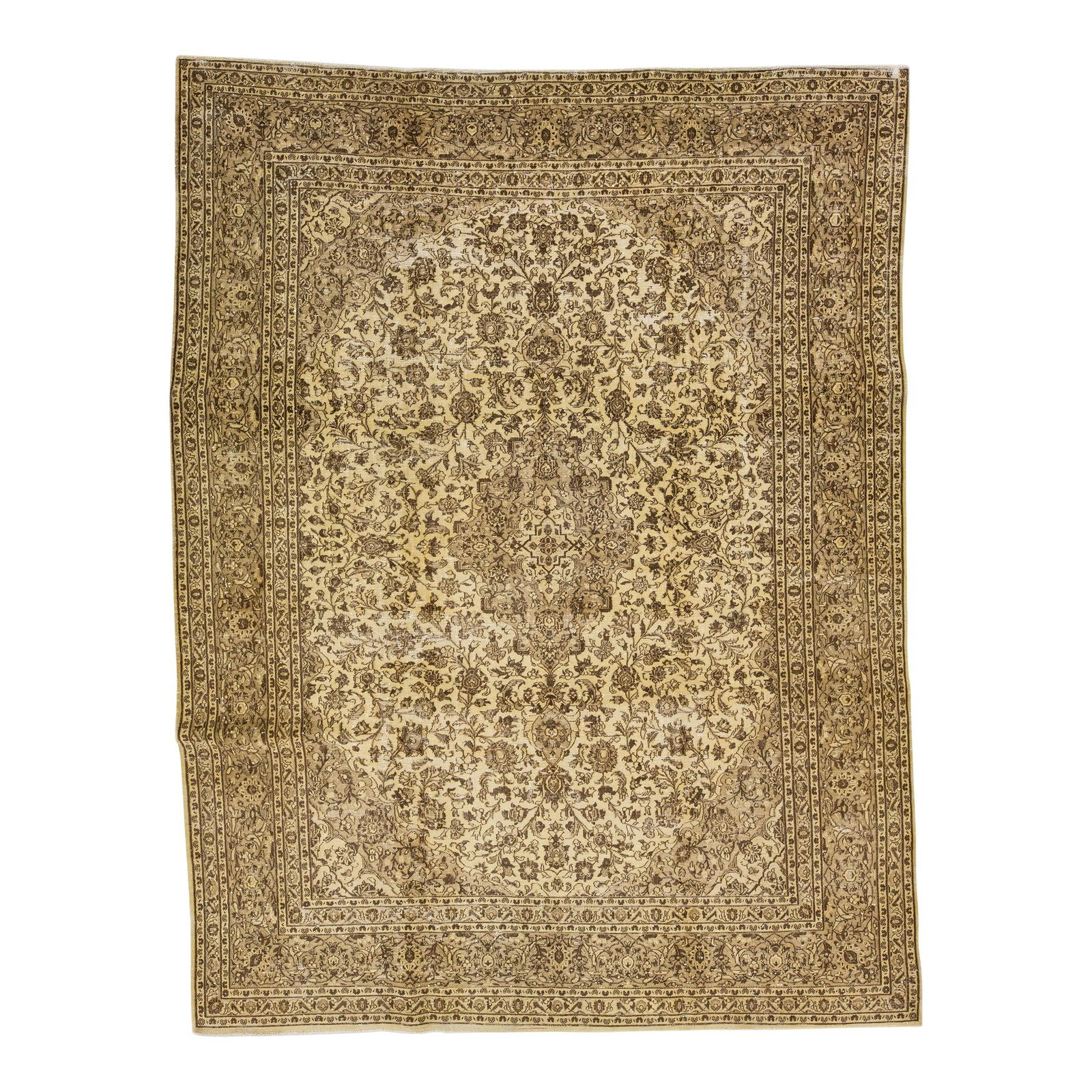 1960s Persian Tabriz Handmade Ivory Wool Rug 9'7 x 12'6: 1960s Persian Tabriz Handmade Ivory Wool Rug 9'7 x 12'6 This exquisite antique Persian Tabriz rug showcases a hand-knotted wool construction with a stunning ivory field. Adorned with a tan frame and i