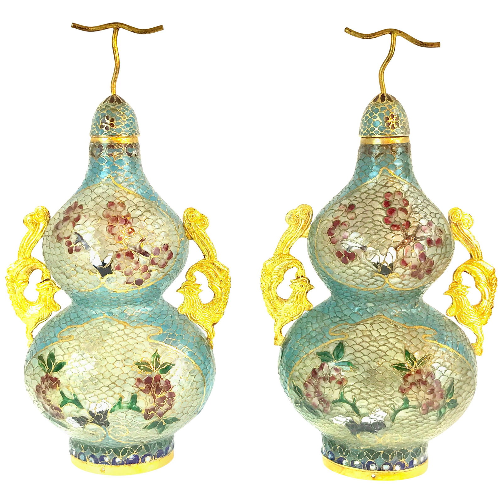 Set of 2 Chinese Plique-a-Jour Enamel Double Gourd Vases: Set of 2 Chinese Plique-a-Jour Enamel Double Gourd Vases This exquisite pair of Chinese Plique-a-Jour enamel double gourd vases features a stunning translucent enamel design, enhancing their beauty an