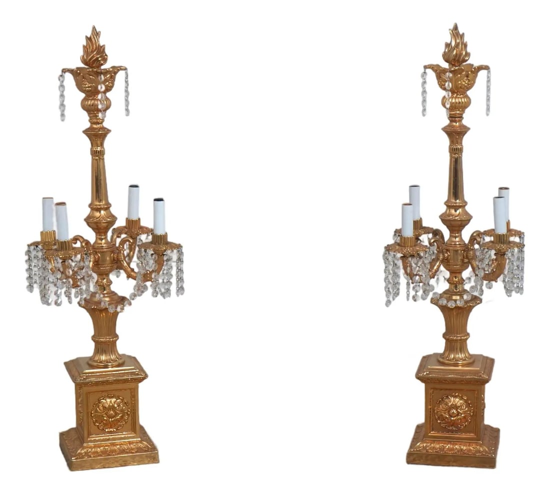 French Empire Brass Candelabra Lamp Pair with Prisms (1 of 10)
