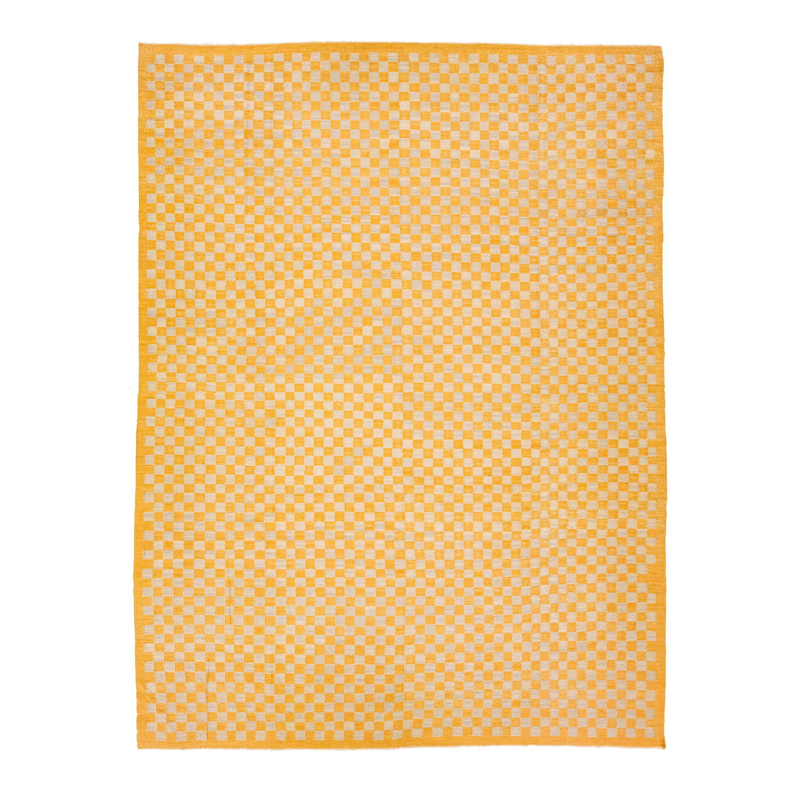 Vintage Kilim Wool Rug 10'7 x 14'3 Goldenrod Checker Pattern: Vintage Kilim Wool Rug 10'7 x 14'3 Goldenrod Checker Pattern This stunning Mid-Century vintage Kilim rug showcases a beautiful goldenrod checker pattern against a vibrant peach and orange color field.