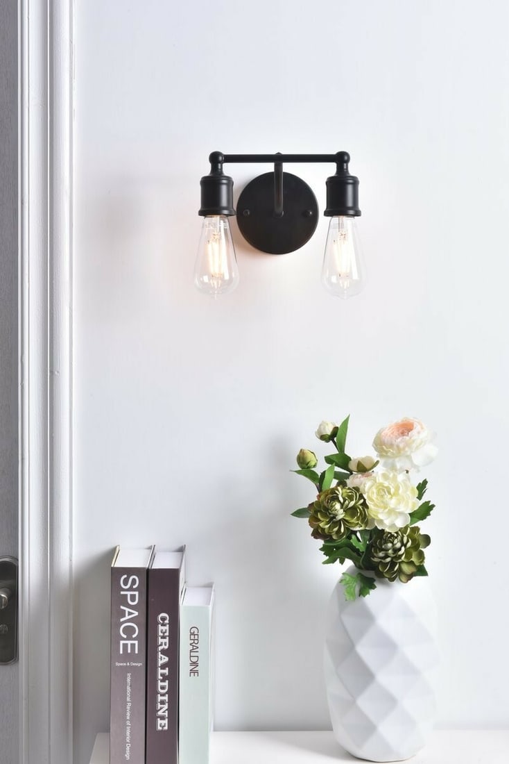 Serif 2 Light Black Metal Wall Sconce: Serif 2 Light Black Metal Wall Sconce This black metal wall sconce features a modern industrial farmhouse design, ideal for spaces such as dining rooms, kitchens, bathrooms, bedrooms, hallways, and fo