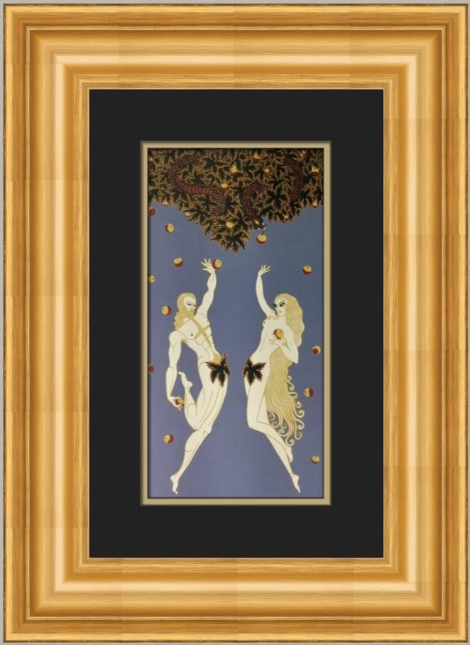 Framed Erte Adam and Eve Reproduction Offset Lithograph 21 x 16: Framed Erte Adam and Eve Reproduction Offset Lithograph 21 x 16 A professionally custom framed reproduction of Erte's Adam and Eve, presented as a matted and framed offset lithograph in Art Deco style