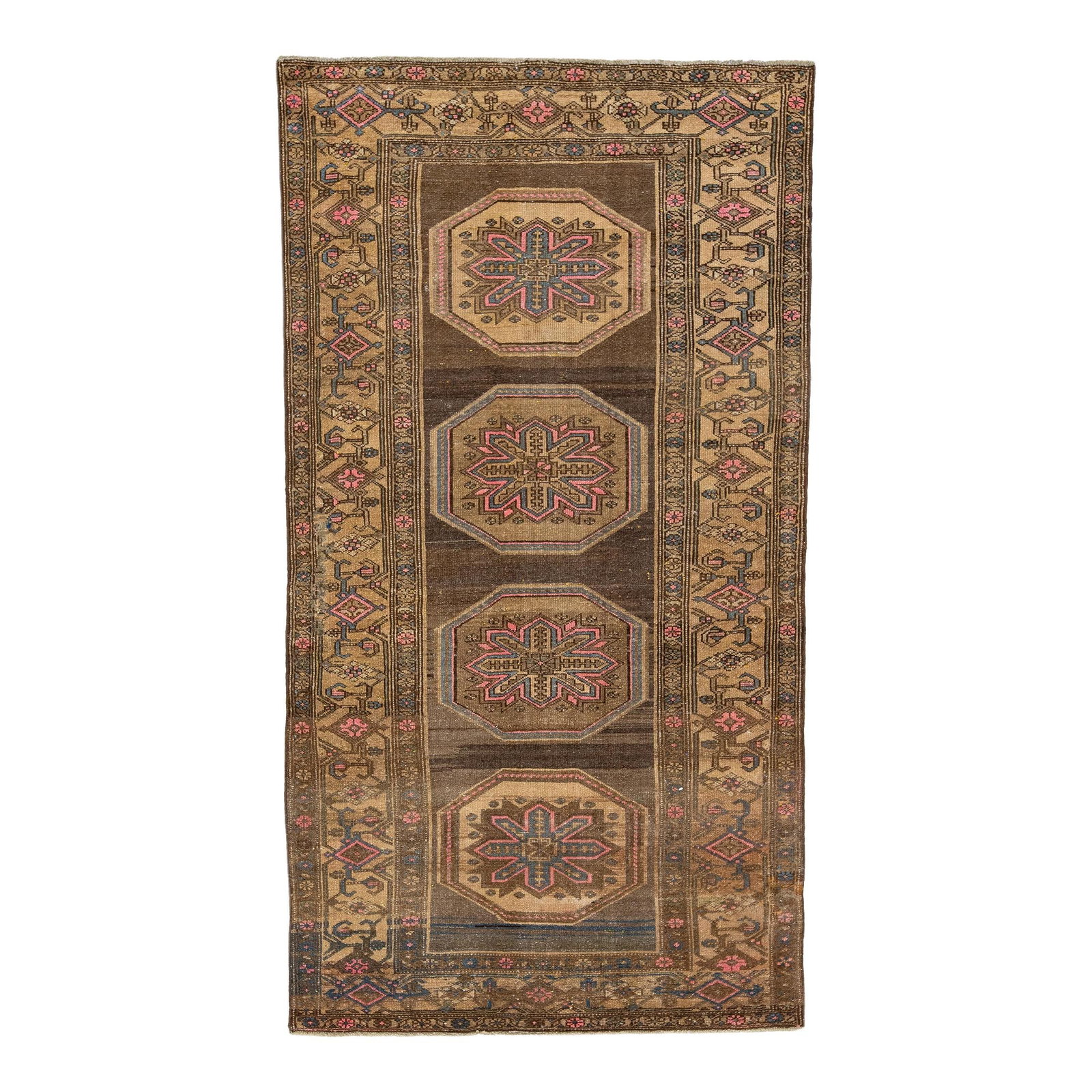 Vintage Persian Handmade Wool Rug 4'2 x 7'8 Tribal Design: Vintage Persian Handmade Wool Rug 4'2 x 7'8 Tribal Design This exquisite vintage Persian rug features a beautifully distressed hand-knotted design, showcasing a rich brown color field complemented by 