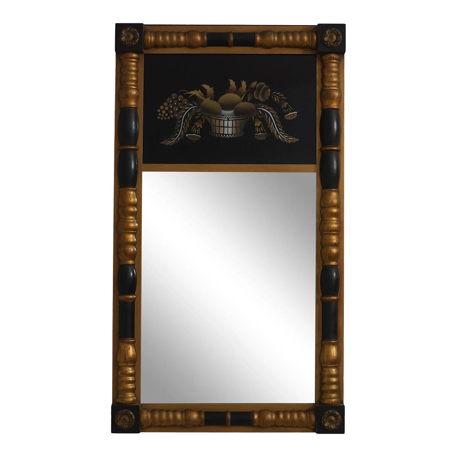 Hitchcock Early American Style Eglomise Mirror Black Gold Finish: Hitchcock Early American Style Eglomise Mirror Black Gold Finish This exquisite Hitchcock Early American Style Eglomise Top Mirror showcases a quality construction with a stunning eglomise reverse pai